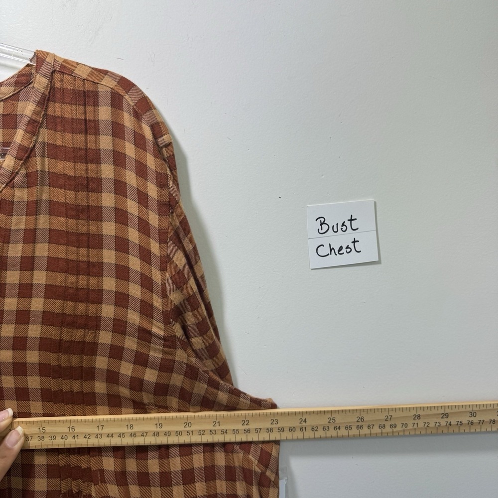 Womens Maple Plaid Pintuck Dress Long Sleeve Tunic Split Y-Neck Pockets 1X Rust - Picture 6 of 8